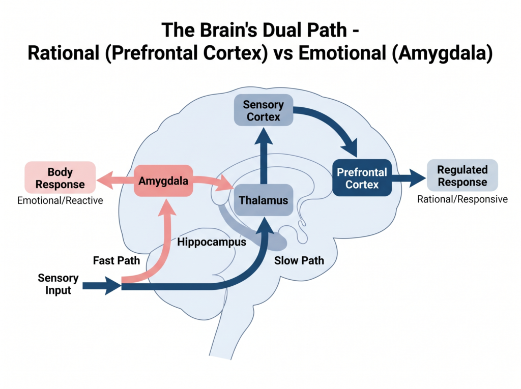 Diagram explaining the brain's rational and emotional processing centers from Daniel Goleman's EQ theory
