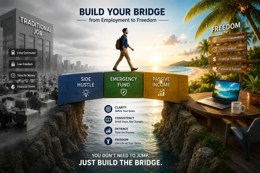 Conceptual 3D infographic showing safe transition path from traditional job to 4-hour work week freedom. Bridge connects grey corporate office building labeled "Traditional Job" on left to vibrant sunny beach with laptop labeled "Freedom" on right. Bridge made of three blocks: "Side Hustle", "Emergency Fund", and "Passive Income". Indian professional confidently walking across bridge representing Tim Ferriss's safe transition strategy from The 4-Hour Work Week Hindi summary. Shows how to quit job safely after building 100% passive income replacement over 12 months. High resolution, clean business infographic style.